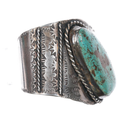 6.75" JH Large vintage Native American sterling and turquoise cuff bracelet