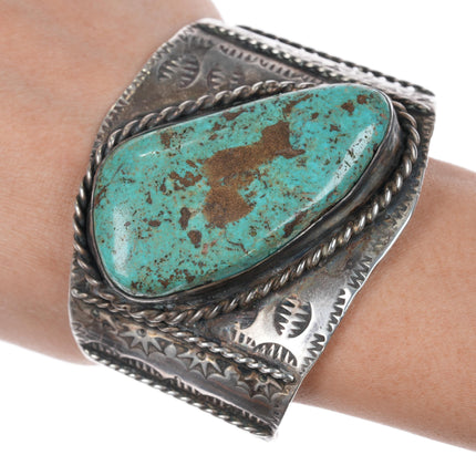 6.75" JH Large vintage Native American sterling and turquoise cuff bracelet