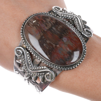 6.5" Large 1940's Navajo Petrified wood sterling cuff bracelet