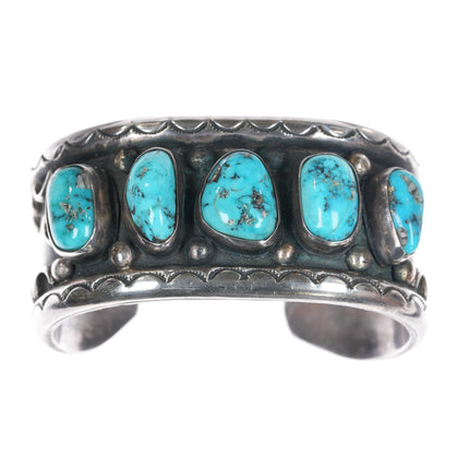 6" Vintage Native American wide silver Morenci turquoise row cuff bracelet