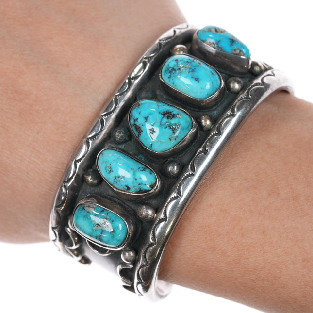 6" Vintage Native American wide silver Morenci turquoise row cuff bracelet