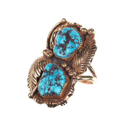 sz 6.5 Anna Begay Navajo 14k gold nugget turquoise feather ring