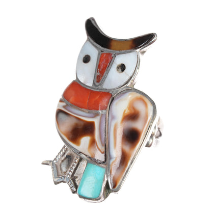 sz7.25 Large Zuni sterling inlaid owl ring