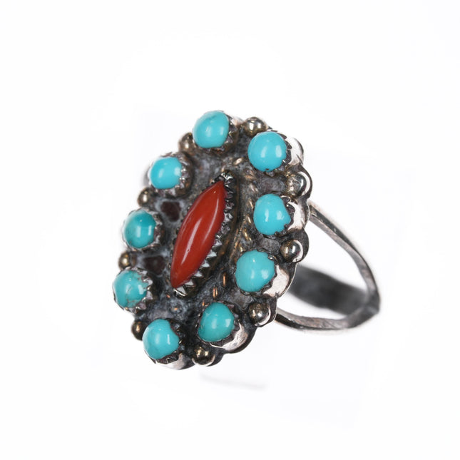 sz5.25 K Vintage Zuni sterling turquoise and coral cluster ring