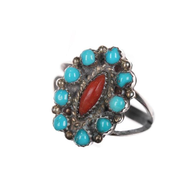 sz5 K Vintage Zuni sterling turquoise and coral cluster ring