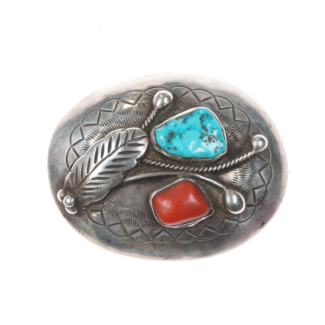 Vintage HS Native American sterling turquoise, coral belt buckle