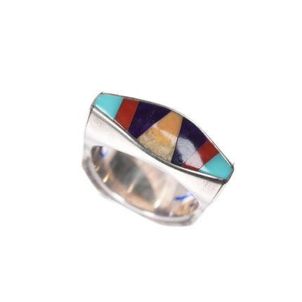 sz6 DZ Native American sterling sugilite, coral, turquoise, intarsia inlay ring