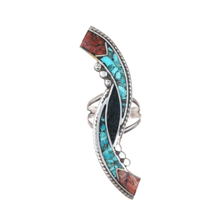 sz4 Large 1970's Navajo chip inlay sterling ring