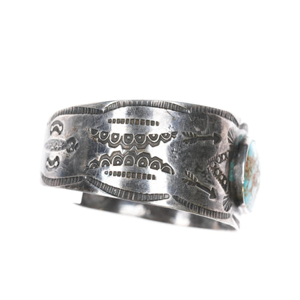 6 3/8" Vintage Fred Harvey Navajo hand stamped silver cuff bracelet turquoise