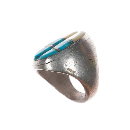 Vintage Zuni sterling turquoise and shell inlay ring