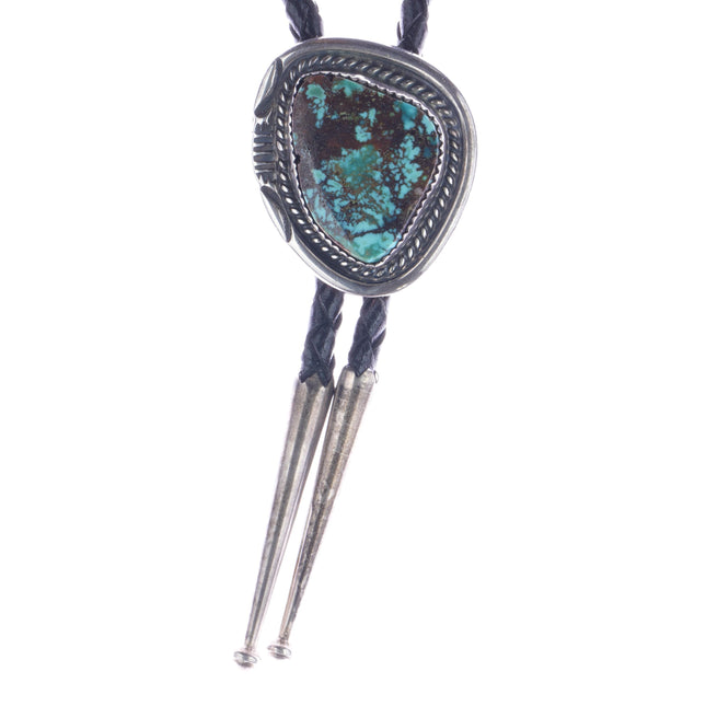 36" 1980's Navajo sterling spiderweb turquoise bolo tie w/copper back