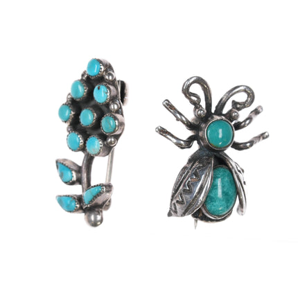 Vintage Zuni/Navajo sterling flower and insect pins w/ turquoise