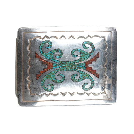 E Vintage Navajo sterling chip inlay belt buckle