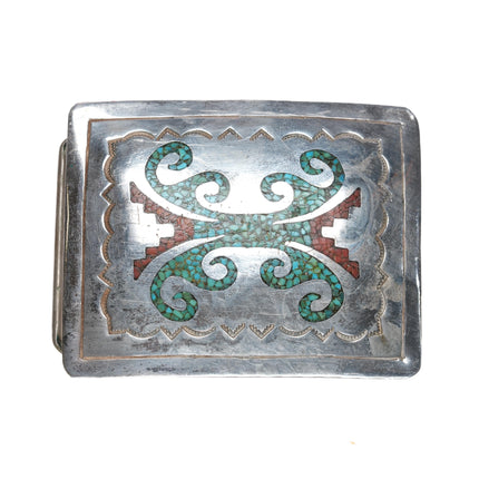 E Vintage Navajo sterling chip inlay belt buckle