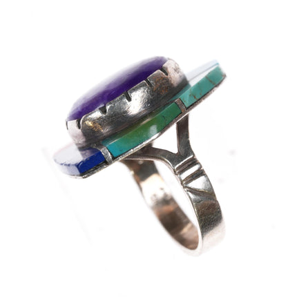 sz8 1980's Edward Zuni Sterling sugilite gem turquoise, coral, lapis ring