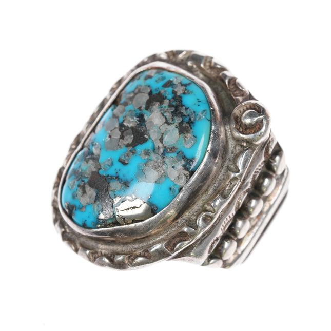 sz10.25 Large Vintage pyrite turquoise Native American sterling ring