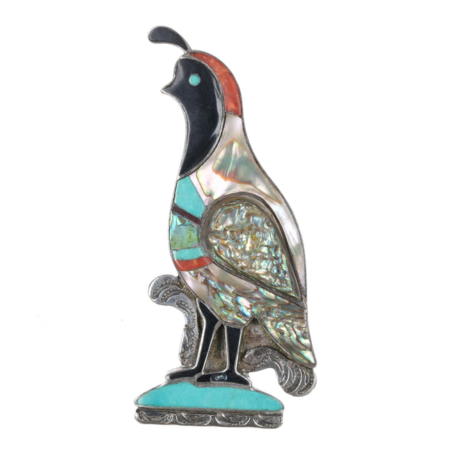 Large 1970's Vicenti Zuni sterling inlay quail pin