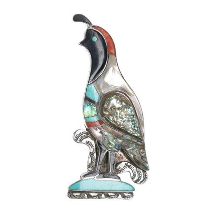 Large 1970's Vicenti Zuni sterling inlay quail pin