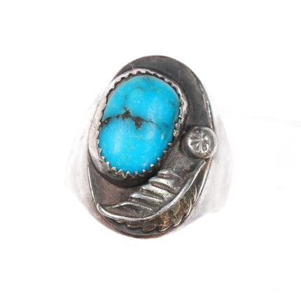 sz9 Vintage Navajo sterling turquoise ring with feather