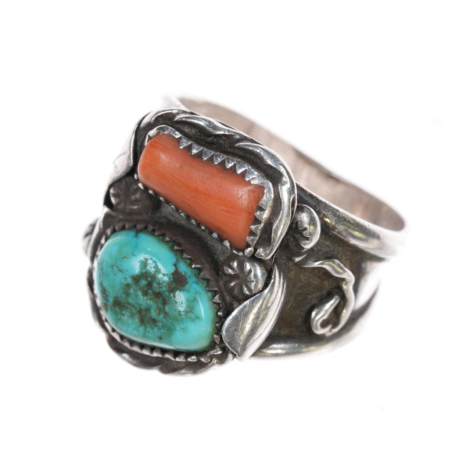 sz15 Large Navajo sterling, turquoise, and coral ring 60's-70's.