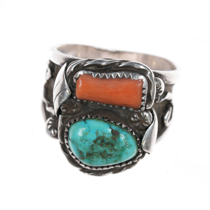 sz15 Large Navajo sterling, turquoise, and coral ring 60's-70's.