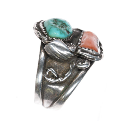 sz15 Large Navajo sterling, turquoise, and coral ring 60's-70's.