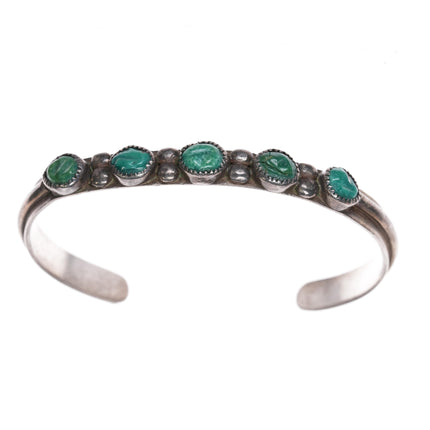 6 3/8" 1940's Zuni carved turquoise silver row cuff bracelet