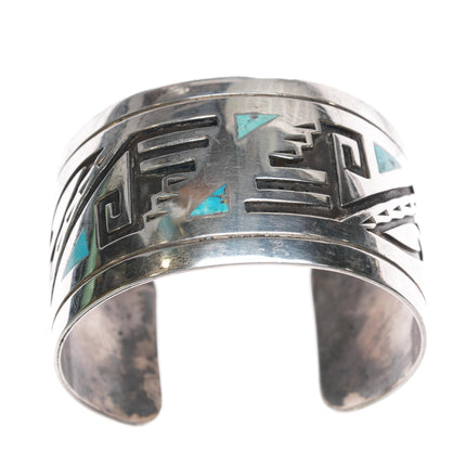 Vintage Navajo overlay inlaid turquoise sterling cuff bracelet