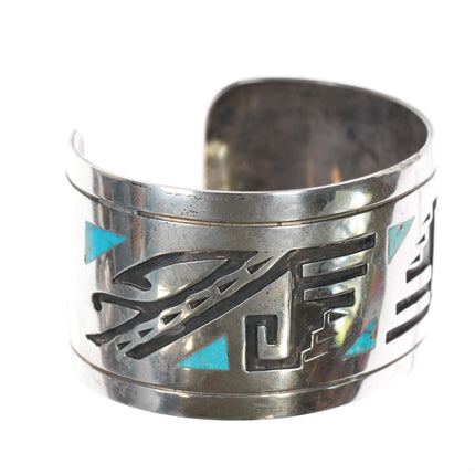 Vintage Navajo overlay inlaid turquoise sterling cuff bracelet