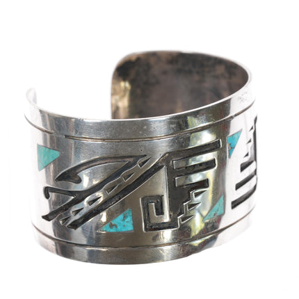 Vintage Navajo overlay inlaid turquoise sterling cuff bracelet