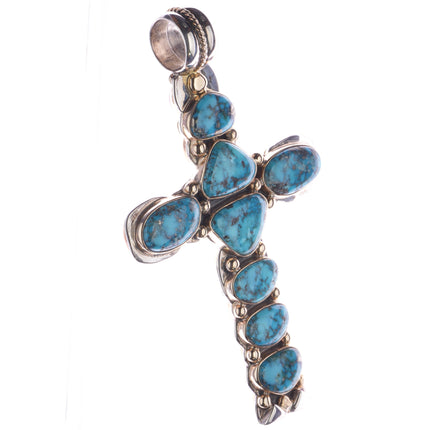 Huge Orville Tsinnie 14k/Sterling Morenci Turquoise/Coral 2 sided cross pendant