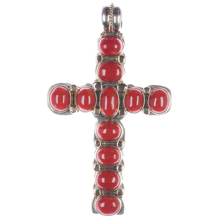 Huge Orville Tsinnie 14k/Sterling Morenci Turquoise/Coral 2 sided cross pendant