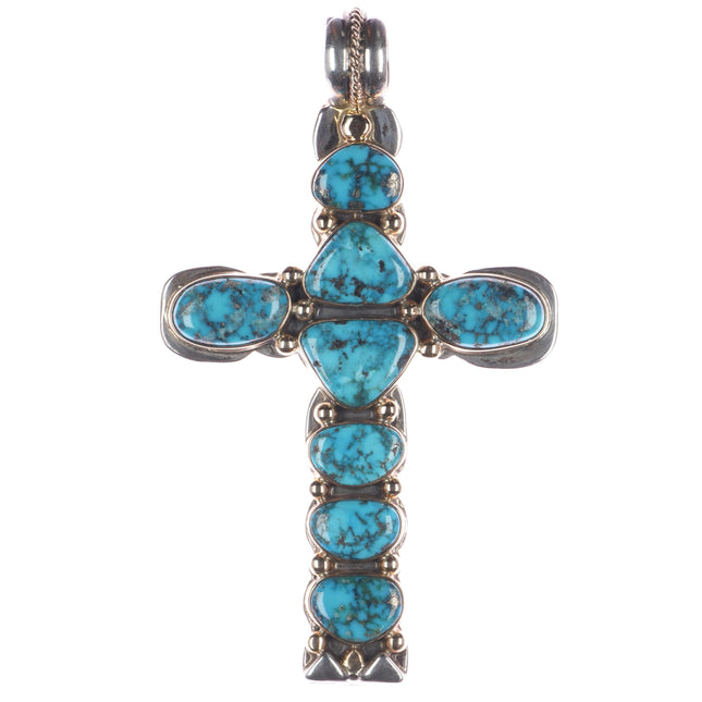 Huge Orville Tsinnie 14k/Sterling Morenci Turquoise/Coral 2 sided cross pendant