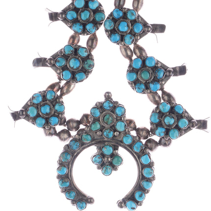 c1950's Native American sterling turquoise cluster squash blossom necklace