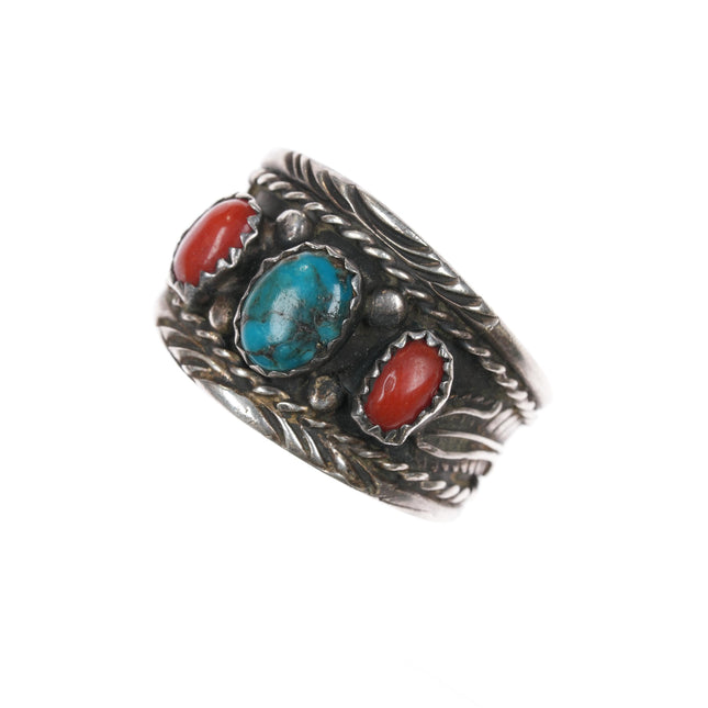 sz11.5 Vintage Native American sterling ring with coral and turquoise