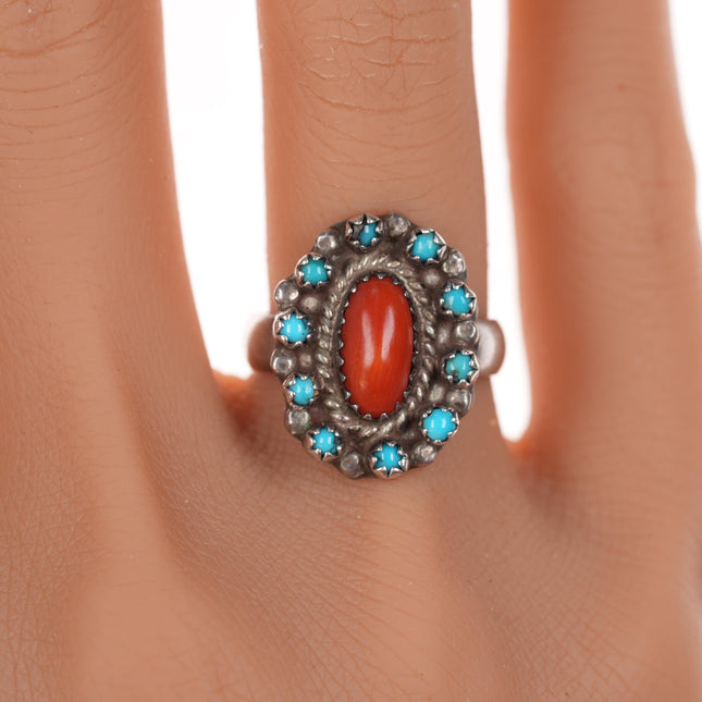 sz6.75  vintage Native American sterling - turquoise and coral cluster ring