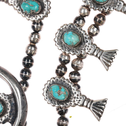 27" c1960's Native American cast silver and turquoise squash blossom necklace