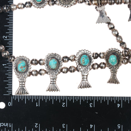 27" c1960's Native American cast silver and turquoise squash blossom necklace