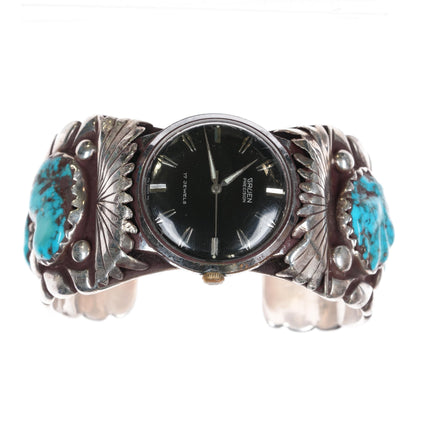 7" Robert and Bernice Leekya Zuni Sterling turquoise watch cuff bracelet w/Gruen