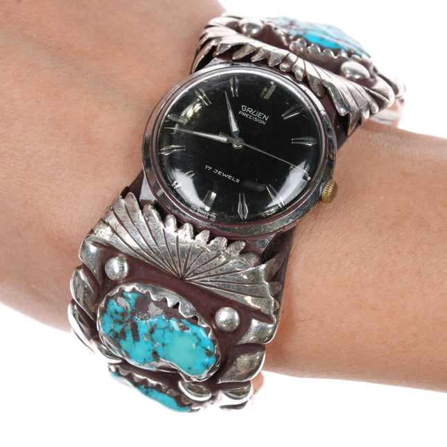 7" Robert and Bernice Leekya Zuni Sterling turquoise watch cuff bracelet w/Gruen