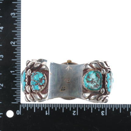 7" Robert and Bernice Leekya Zuni Sterling turquoise watch cuff bracelet w/Gruen