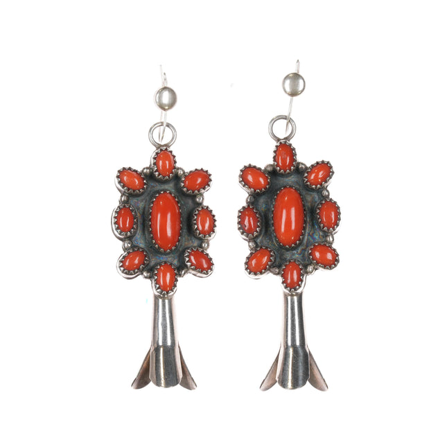 Vintage Zuni high grade red coral sterling squash blossom cluster earrings