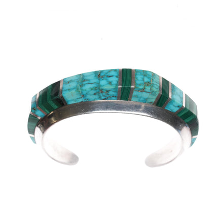 6 3/8" Chad Hoskie Navajo sterling high grade turquoise, malachite modernist inlaid cuff bracelet