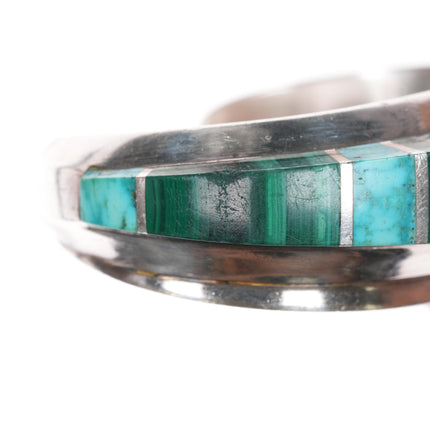 6 3/8" Chad Hoskie Navajo sterling high grade turquoise, malachite modernist inlaid cuff bracelet