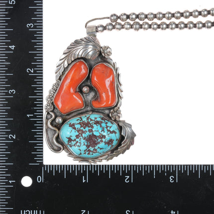 Huge 1970's R Williams Native American sterling turquoise coral pendant necklace