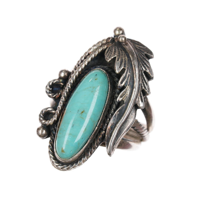 sz9.25  Running Bear Shop sterling ring with turquoise & feather design