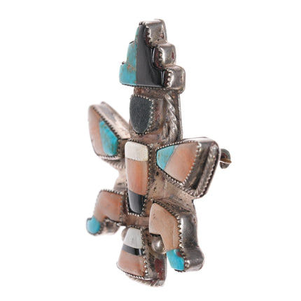 c1950 Zuni Knifewing pin turquoise, coral sterling inlay