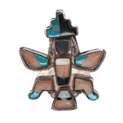 c1950 Zuni Knifewing pin turquoise, coral sterling inlay