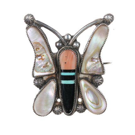 c1950 Zuni Butterfly pin, shell, coral, turquoise, jet inlay