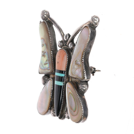 c1950 Zuni Butterfly pin, shell, coral, turquoise, jet inlay